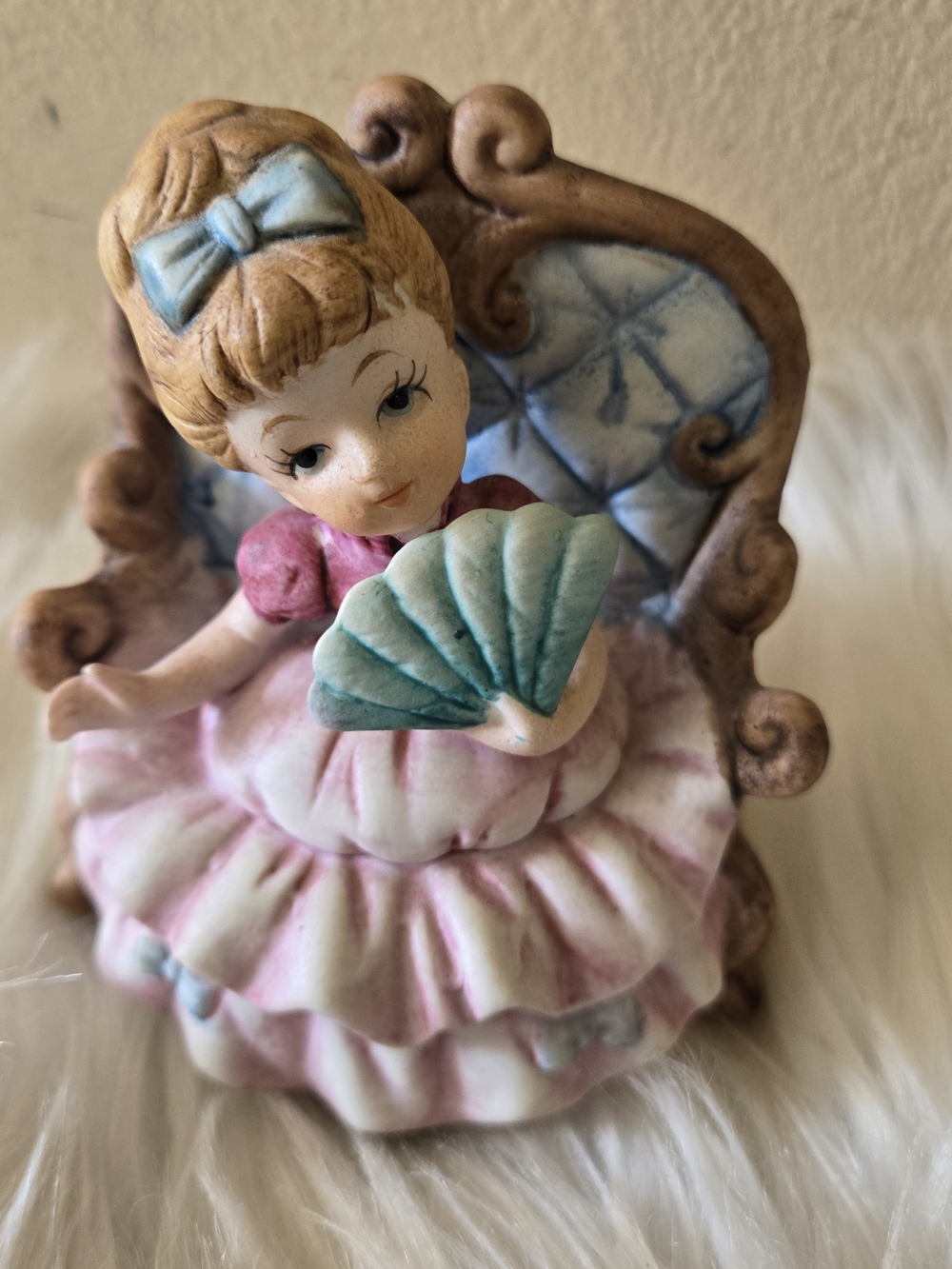 Vintage Empress by Haruta Girl Holding Fan on Chair Porcelain Figurine Taiwan